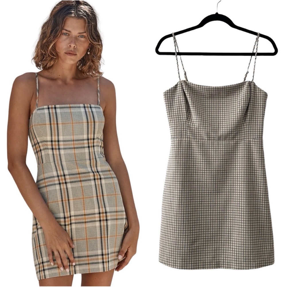 Aritzia Wilfred New Classic Mini Dress Cream, Tan & Black Check Plaid Sz 6